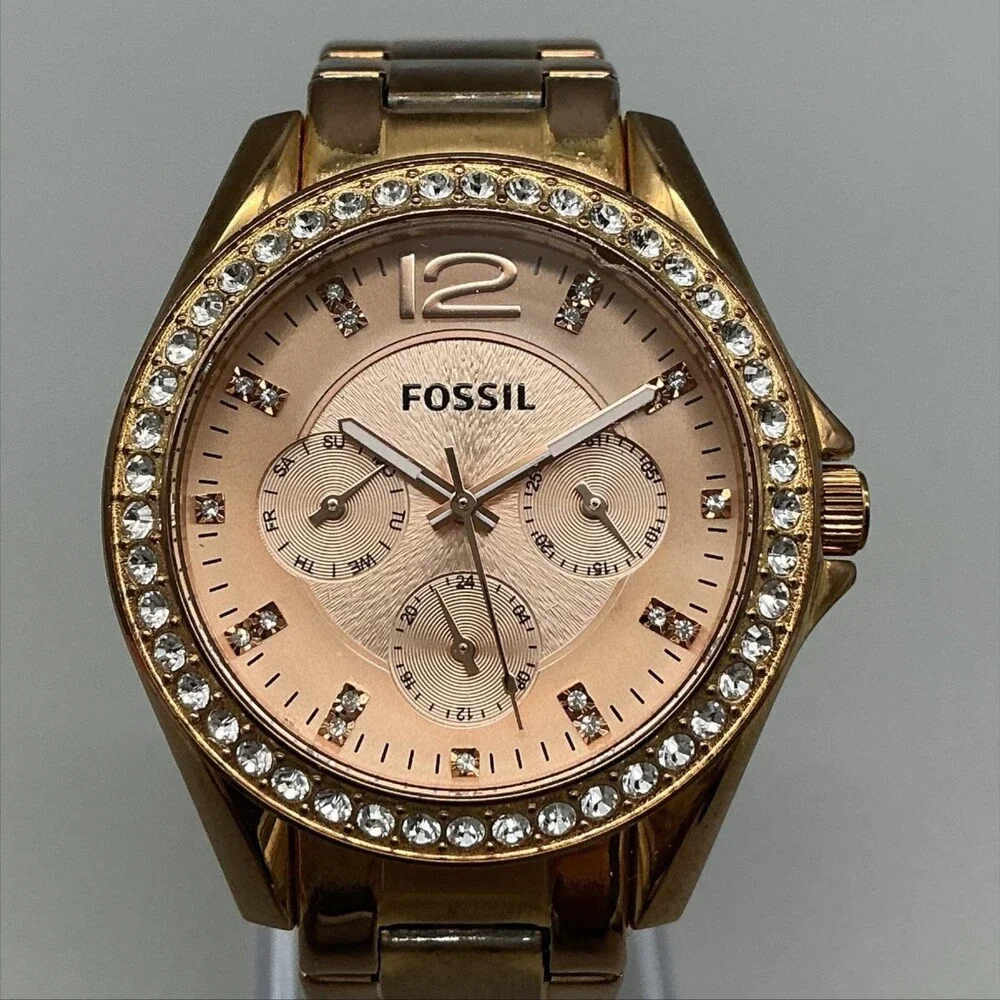 Fossil Womens Watch 38mm Rose Gold Tone Dial Crystal Bezel New Battery 6.75